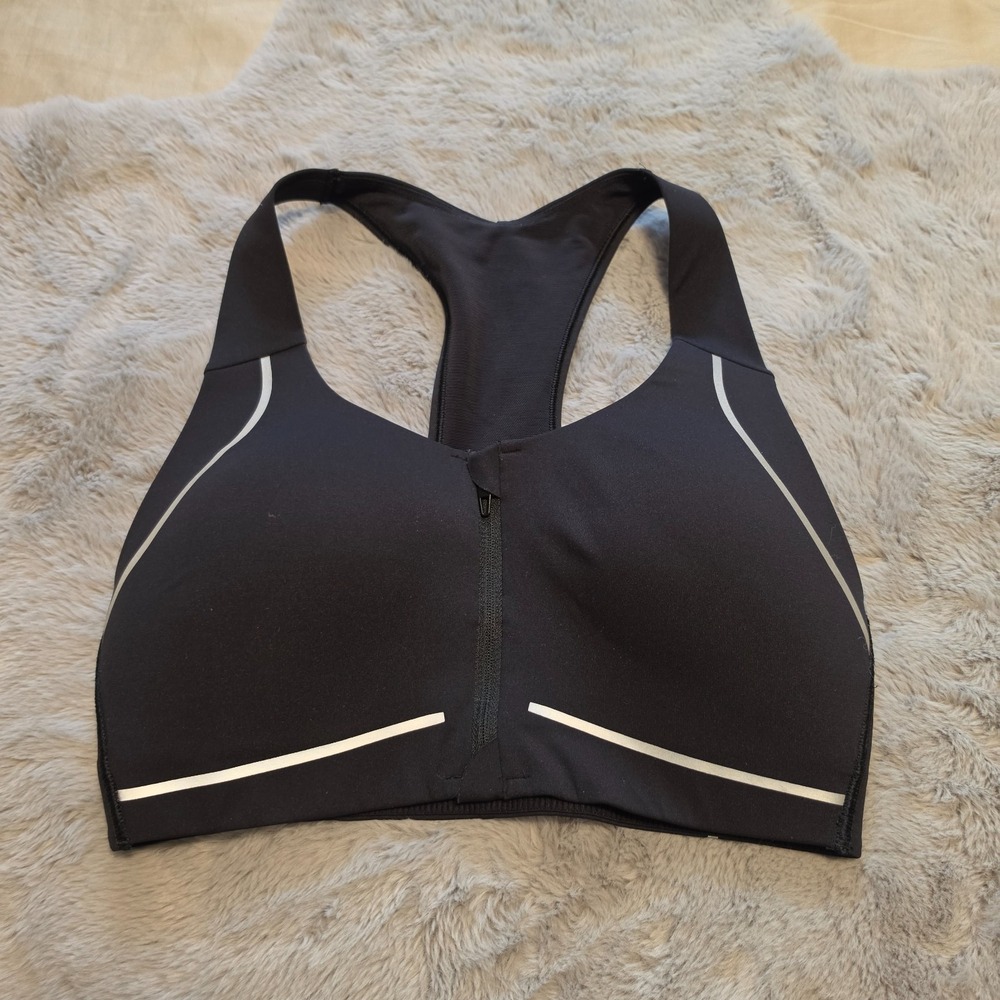 Gymshark Front Zip Reflective Piping Racerback Sports Bra Black Size Small